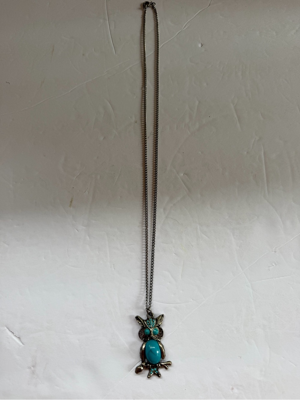 Owl Pendant Necklace Turquoise Oval Stone Silver Tone Metal 12 In Animal Charm
